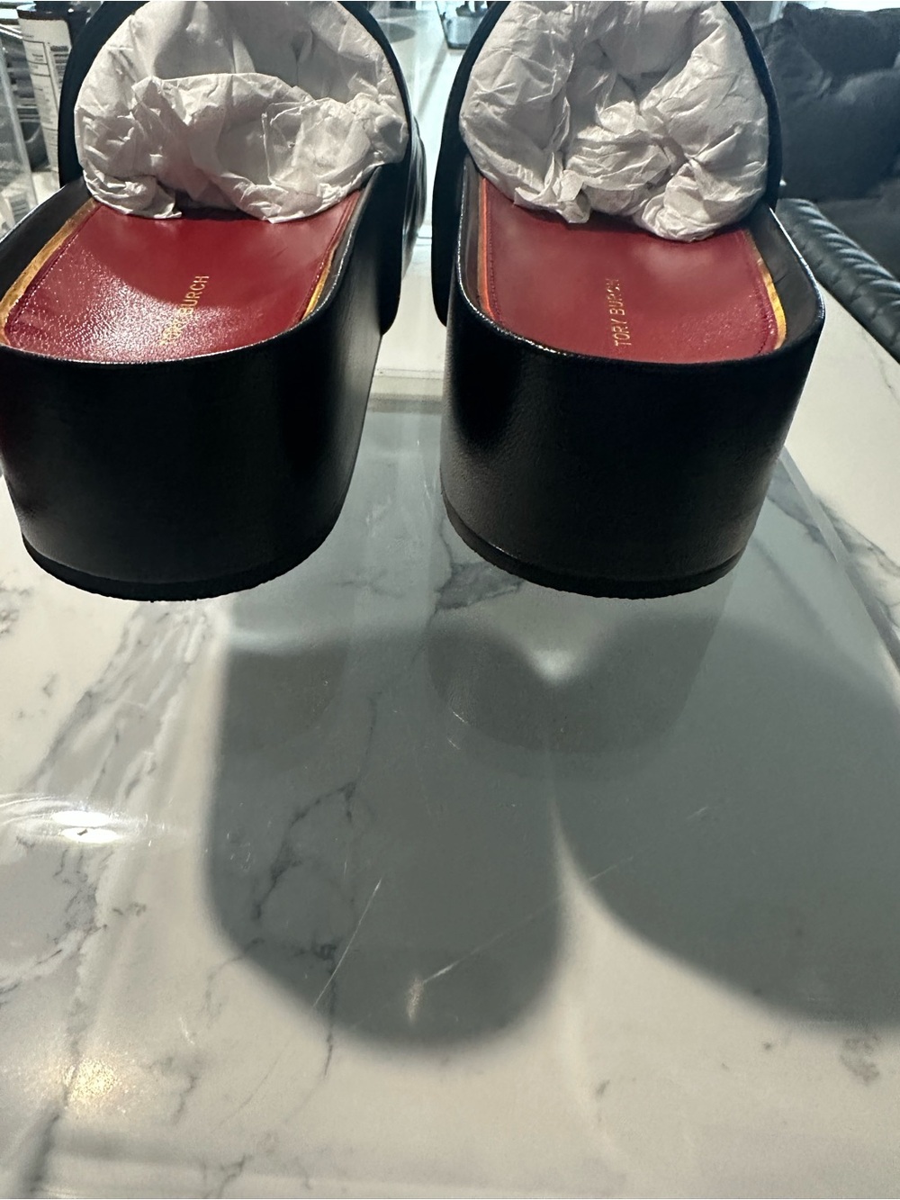 Tory Burch Black Slide Sandals with Gold Plaques and Red Insoles Size 10.5 - Picture 6 of 9